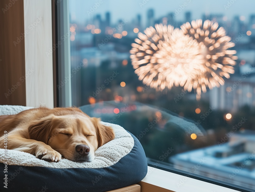 Hund schläft entspannt am Fenster und im Hintergrund knallen Silvester Raketen